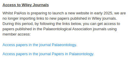 Screenshot of the members area links to The Palaeontolgical Association Journals